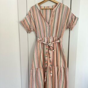 GAP Striped V-Neck Belted Midi Dress in Beige and Pink